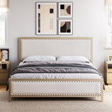 Garvee Full Size Metal Bed Frame, Vintage Silhouette, Rivet-Designed Upholstered Headboard, Natural Wood Grain, No Box Spring Needed, Easy Assembly - Wood grain