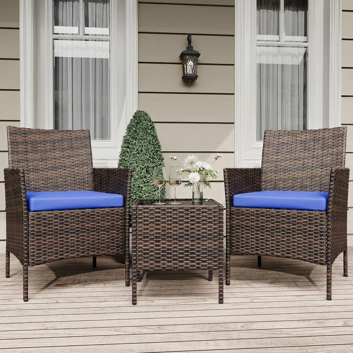 Garvee Patio Porch Furniture Sets 3 Pieces PE Rattan Wicker Chairs with Table Outdoor Garden Furniture Sets