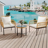Garvee 3 Piece Outdoor Wicker Patio Bistro Set, All-Weather Rattan Conversation Set with Glass Top Coffee Table & Cushioned Chairs, Boho Balcony Furniture for Backyard, Poolside, Garden, Beige
