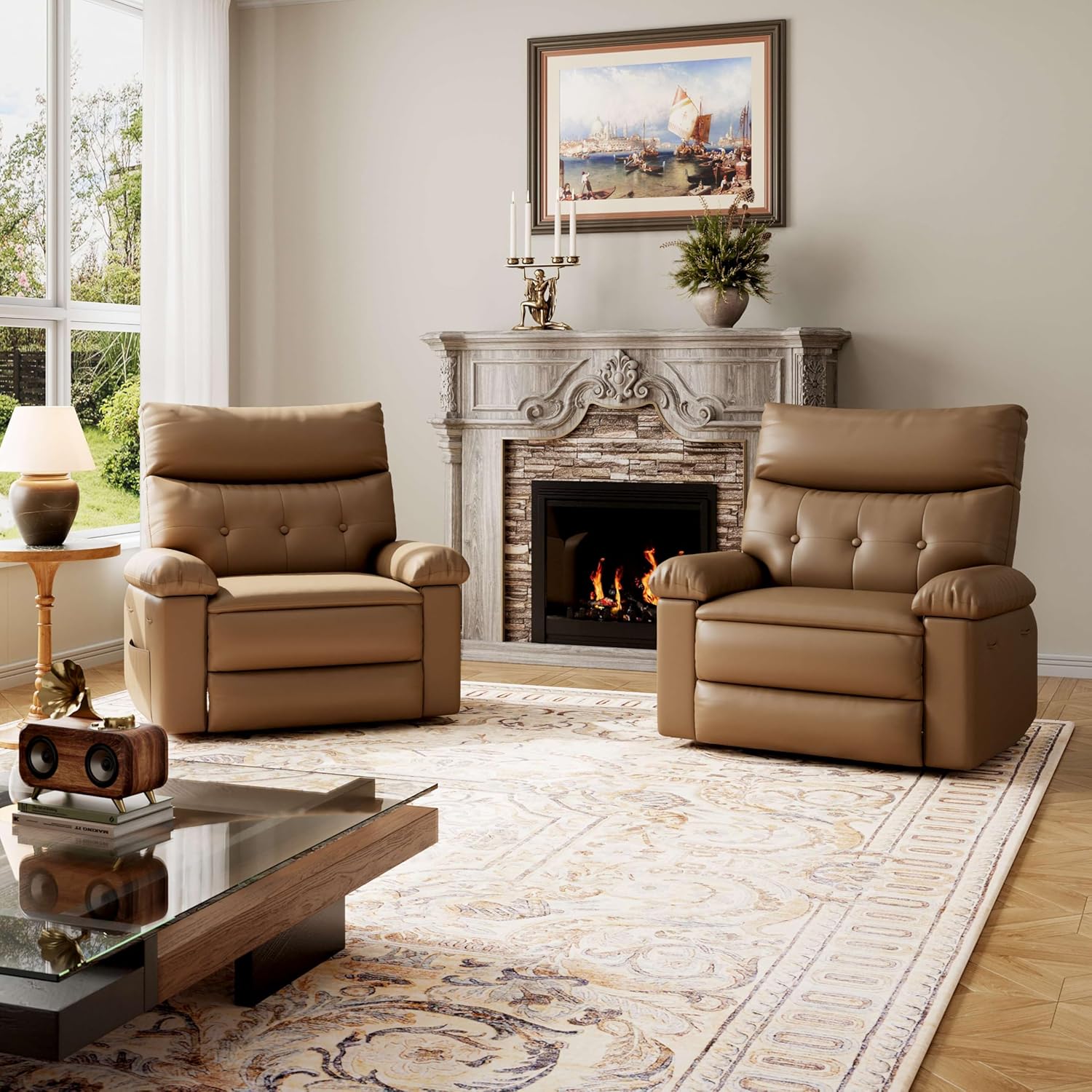 Garvee Oversized Wide Massage Recliner Chair, PU Leather Large Manual Recliner for Adults, Ultimate Comfort Lazy Boy with 1.5X Sponge Filling and Easy Recline Mechanism for Relaxation, Tan