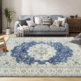 Garvee Vintage Area Rugs, Boho Traditional Washable Rug Floral Print Carpet, Low Pile Non-Slip Rubber Backing Foldable Mat for Bedroom Dining Room Office Living Room, Blue, 9x12 - Blue