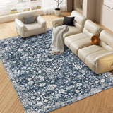 Garvee Washable Rugs 8x10 Rug Distressed Vintage for Living Room Bedroom Oriental Floral Office Rug Low Pile Neutral Soft Nursery Rug Non Slip Farmhouse Floor Cover Blue - Blue