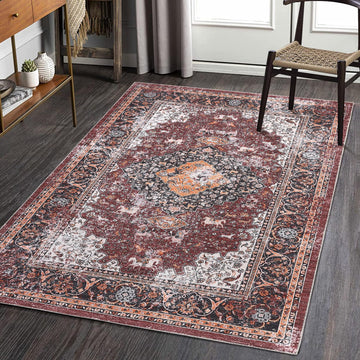 Garvee Area Rugs 4x6 Rug Washable Rugs Oriental Distressed Carpet Throw Rugs Washable Rug for Living Room Rug Vintage Area Rug for Bedroom Low Pile Office Rug Medallion Floor Cover Red