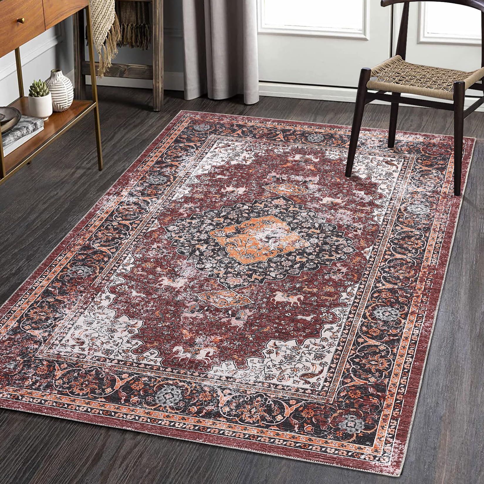 Garvee Area Rugs 4x6 Rug Washable Rugs Oriental Distressed Carpet Throw Rugs Washable Rug for Living Room Rug Vintage Area Rug for Bedroom Low Pile Office Rug Medallion Floor Cover Red