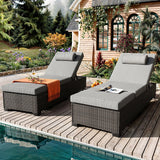 Garvee Outdoor PE Wicker Chaise Lounge Chairs, Pool PE Wicker Lounge Chairs Set of 2, Brown Rattan Pool Lounge Chairs Adjustable Backrest Recliners With Grey Cushion - Grey