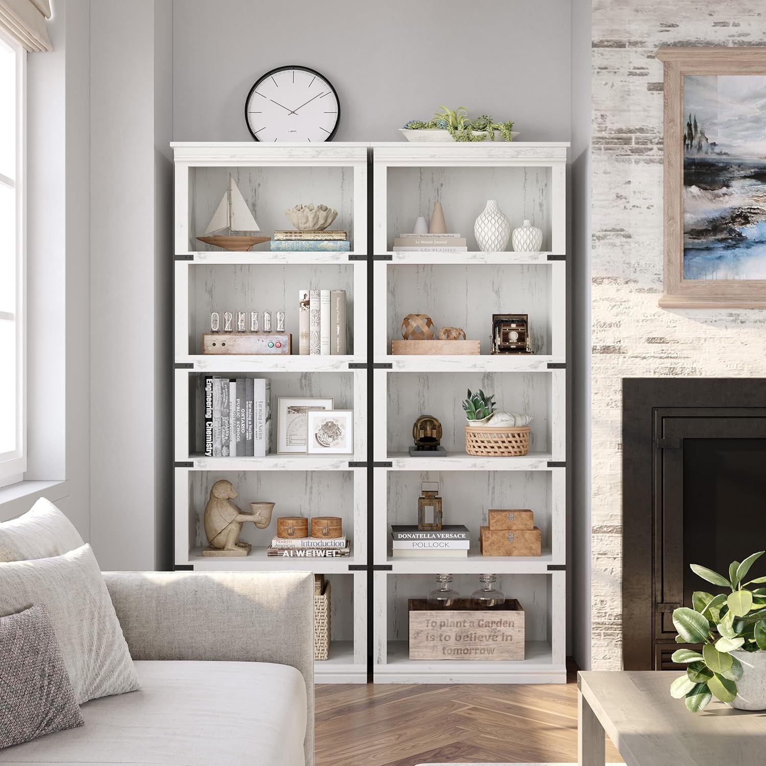 Garvee Farmhouse Bookcase 5 Tiers Tall Wooden 67.4" with Storage, Colonial Molding, MDF Boards, Iron Angle Design, Home Office, Living Room, White