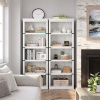 Garvee Farmhouse Bookcase 5 Tiers Tall Wooden 67.4" with Storage, Colonial Molding, MDF Boards, Iron Angle Design, Home Office, Living Room, White