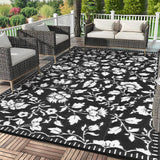 Garvee Floral Outdoor Rug 9x12 Waterproof Vintage Plastic Straw Rug for Patio Backyard Camper Black - Black & White