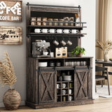 Garvee Coffee Bar Cabinet, Farmhouse Buffet Cabinet with Storage, 75" Tall Bar Cabinet Kitchen Buffet Sideboard with Sliding Barn Door, Coffee Hutch Cabinet for Dining Room, Dark Oak - Dark Oak