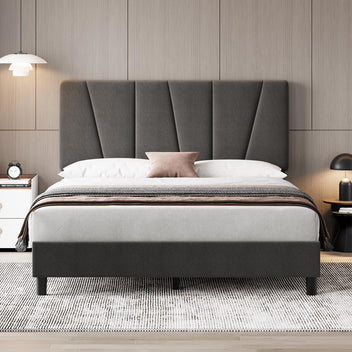 Full-size upholstered bed frame with modern adjustable headboard, dark gray