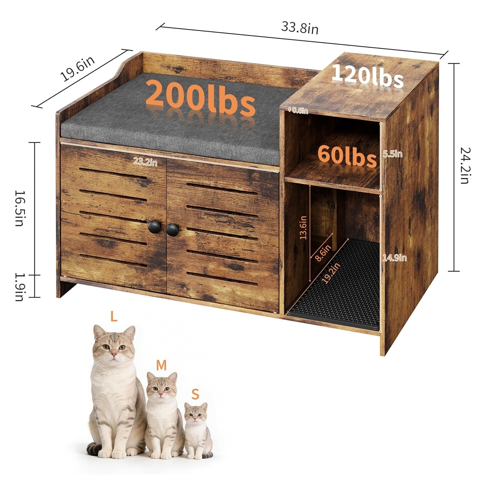 Garvee Cat Litter Box Enclosure, Hidden Litter Box Furniture with Litter Mat & Storage Shelf, Farmhouse Indoor Cat House Cabinet for Hallway, Bedroom, Brown
