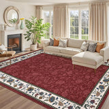 Garvee Floral Rugs 9x12 Washable Non Slip Area Rug for Living Room Bedroom Nursery, Red, Vintage Geometric Bordered Low Pile Carpet - Red