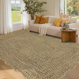 Garvee Imitation Braided Collection-Print Scalloped Area Rugs 5x7 Washable Rug Non Slip Non Shedding Farmhouse Floor Cover Ultra-Thin Foldable Carpet for Bedroom Living Room Dining Room - Natural