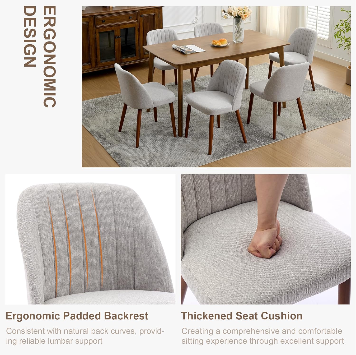 Garvee Set of 6 Mid-Century Modern Fabric Upholstered Dining Chairs with Padded and Solid Wood Legs, Grey