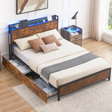 Garvee Full Size Bed Frame with Storage Drawers, Charging Station, LED Light, Metal Platform, Wood Slats, No Box Spring, Bedroom - Vintage Brown