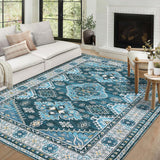 Garvee Washable Area Rug 8x10 Rug for Living Room Non Slip Large Area Rug for Bedroom Vintage Boho Rug Distressed Blue Rug Chenille Carpet Stain Resistant Throw Rugs for Dining Room Blue 8'x10' - Blue