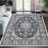 Garvee Oriental Black & Grey 9x12 Area Washable Rug for Living Room Non Slip Rug Vintage Medallion Area Rug Low Pile Distressed Rug Stain Resistant Carpet for Bedroom Dining Room, Black/Grey - Black & Gray