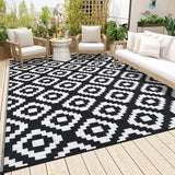 Garvee Outdoor Black & White 10x14 Waterproof Outdoor Plastic Straw Rug for Camping with Carry Bag, Reversible Easy Cleaning Portable Border Floor Mat Outside Carpet for RV Patio Backyard Deck Picnic - Black & White