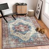 Garvee Washable Area Rug 8x10 Bohemian Floral Rug Soft Low-Pile Washable Rug with Non-Slip Backing, Grey Plant Floral Pattern Vintage Rug for Living Room Bedroom Dining Home Office,8x10 - Rust Red