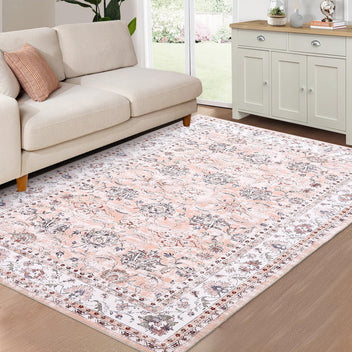 Garvee Oriental Pink 9x12 Vintage Medallion Floral Rug, Washable Stain Resistant Non-Slip Traditional for Living Room Decor