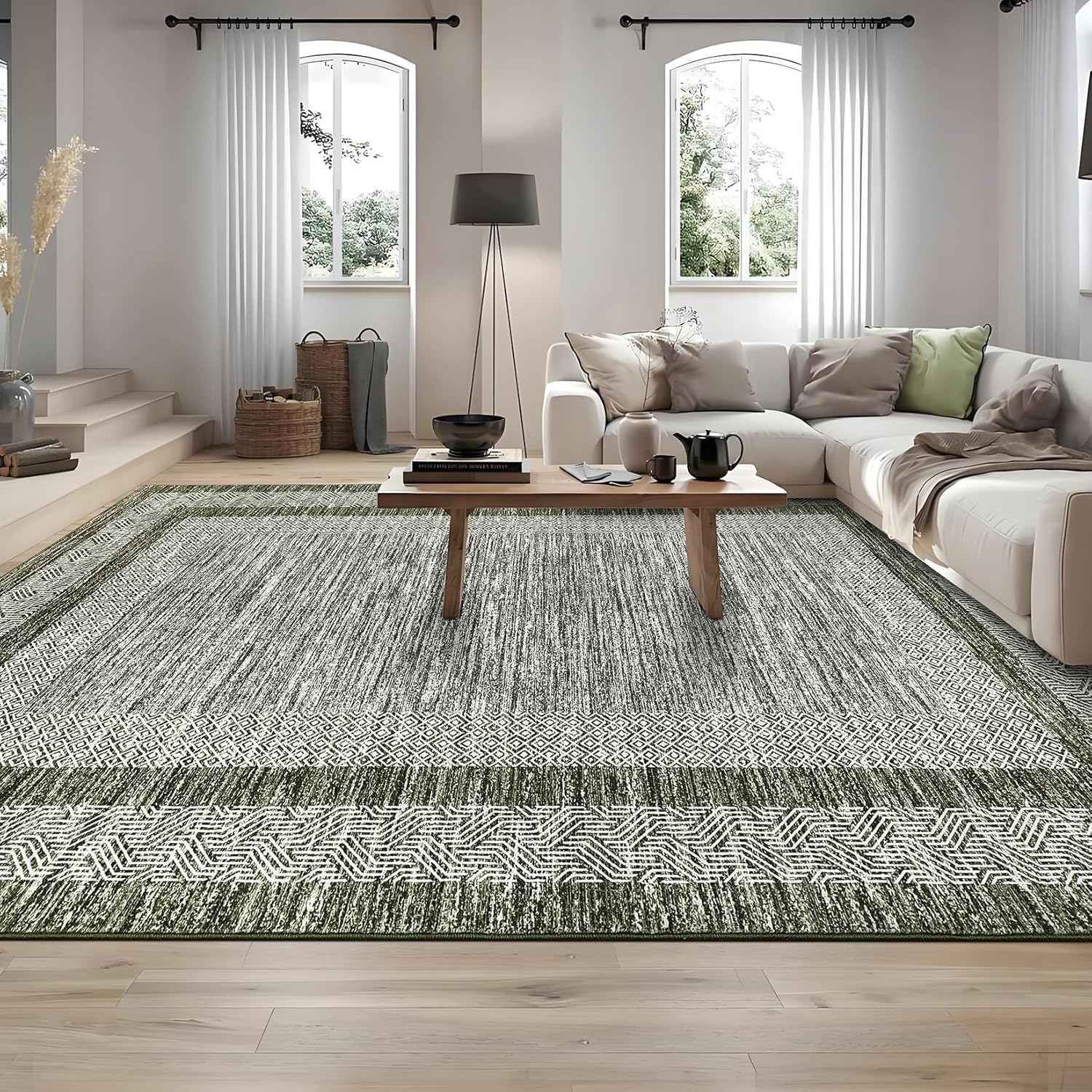 Garvee Bordered Green 8x10 Modern Distressed Border Design Washable Area Rug , Soft Non-Slip Low-Pile Carpet, Non-Shedding Indoor Green Rug for Home Decor