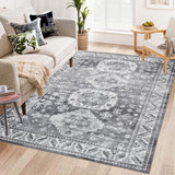 Garvee Vintage Washable Area Rug 5'x7' Boho Rug Faux Cashmere Non Slip Rugs for Living Room Bedroom Oriental Indoor Rug Mat Stain Resistant Throw Rug Kitchen Dining Home Office, Grey - Gray