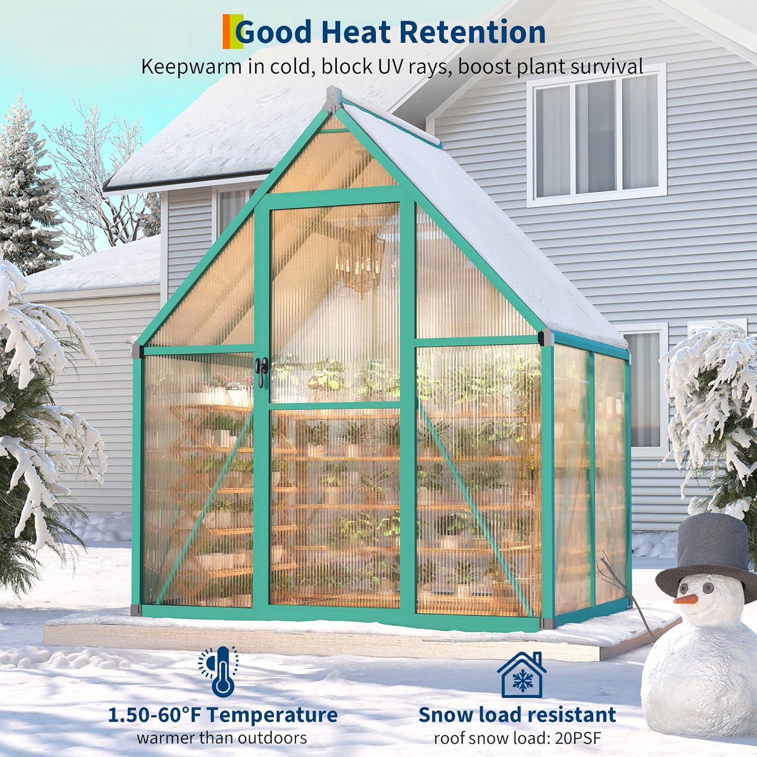 Garvee Heavy Duty 6x4 FT Walk-In Polycarbonate Greenhouse – Reinforced Aluminum Frame, Double Swing Doors, Quick Setup, Roof Ventilation – Ideal for Garden Plants and Year-Round Growing – Green