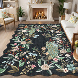 Garvee Scalloped Washable 5x7 Area Rug Floral Peacock Rugs for Living Room Bedroom Black Non Slip Large Under Table Carpet - Black