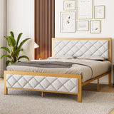 Garvee Full Size Bed Frame, Metal Bed Frame with Upholstered Velvet Headboard, Platform Bed Frame with Steel Slats, No Box Spring Needed, Easy Assembly, Gold and Beige - Gold + Beige
