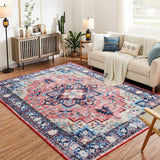Garvee Boho Vintage Medallion Area Rug - 8x10 Washable Floral Print Rug, Easy-Cleaning, Low-Pile, Non-Shedding, Non-Slip Soft Accent Carpet for Dining Room, Home Office, Bedroom, Entryway - Red
