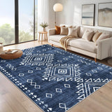 Garvee Machine Washable Area Rug 10x13 Large Living Room Rug Vintage Rug Tribal Geometric Distressed Carpet Ultra-Soft Non Slip Low Pile Thin Floor Cover for Bedroom Kitchen Farmhouse Office Blue - Blue