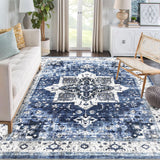 Garvee Area Rug 9x12 Non-Slip Vintage Rug Low Pile Rugs Washable Rug Indoor Floor Cover Print Distressed Carpet Non-Shedding Oriental Area Rug for Living Room Bedroom, 9’x12’, Blue - Blue