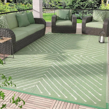 Garvee 8' x 10' Reversible Waterproof Outdoor Rug – Modern Geometric Patio Carpet, Easy to Clean, collapsible, UV Protected, Large 8x10ft Plastic Straw Mat for RV, Camping, Picnic, Sage Green