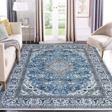 Garvee Oriental Blue 8x10 Large Vintage Medallion Area Rug Non-Slip Distressed Area Rug Machine Washable Indoor Floor Carpet Low Pile Rug for Bedroom Nursery - Blue