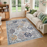Garvee Washable Rugs for Living Room 9x12 Large Non-Slip Vintage Distressed Trellis Print Carpet Blue Orange - Blue/Orange