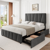Garvee Queen Size Bed Frame with Adjustable Headboard, 4 Storage Drawers, Velvet Upholstery, Wooden Slats, Dark Grey - grey
