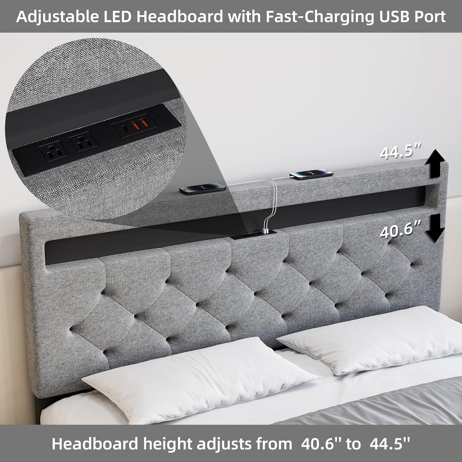 Garvee Full Bed Frame with LED Lights Headboard, LED Bed Frame with Fast-Charging USB Port, Upholstered Platform Bed Frame, No Box Spring Needed, Easy Assembly, Grey