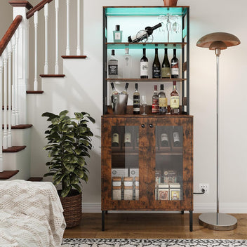 Garvee 67" Tall Kitchen Pantry Bar Cabinet with Tempered Glass Doors, LED Lights and Power Outlets, Brown