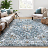 Garvee Area Rug 10x13 Extra Large Rug for Living Room Vintage Distressed Machine Washable Rug, Non-Slip Stain Resistant Accent Rug Retro Medallion Floor Cover Carpet for Bedroom, Blue - Blue