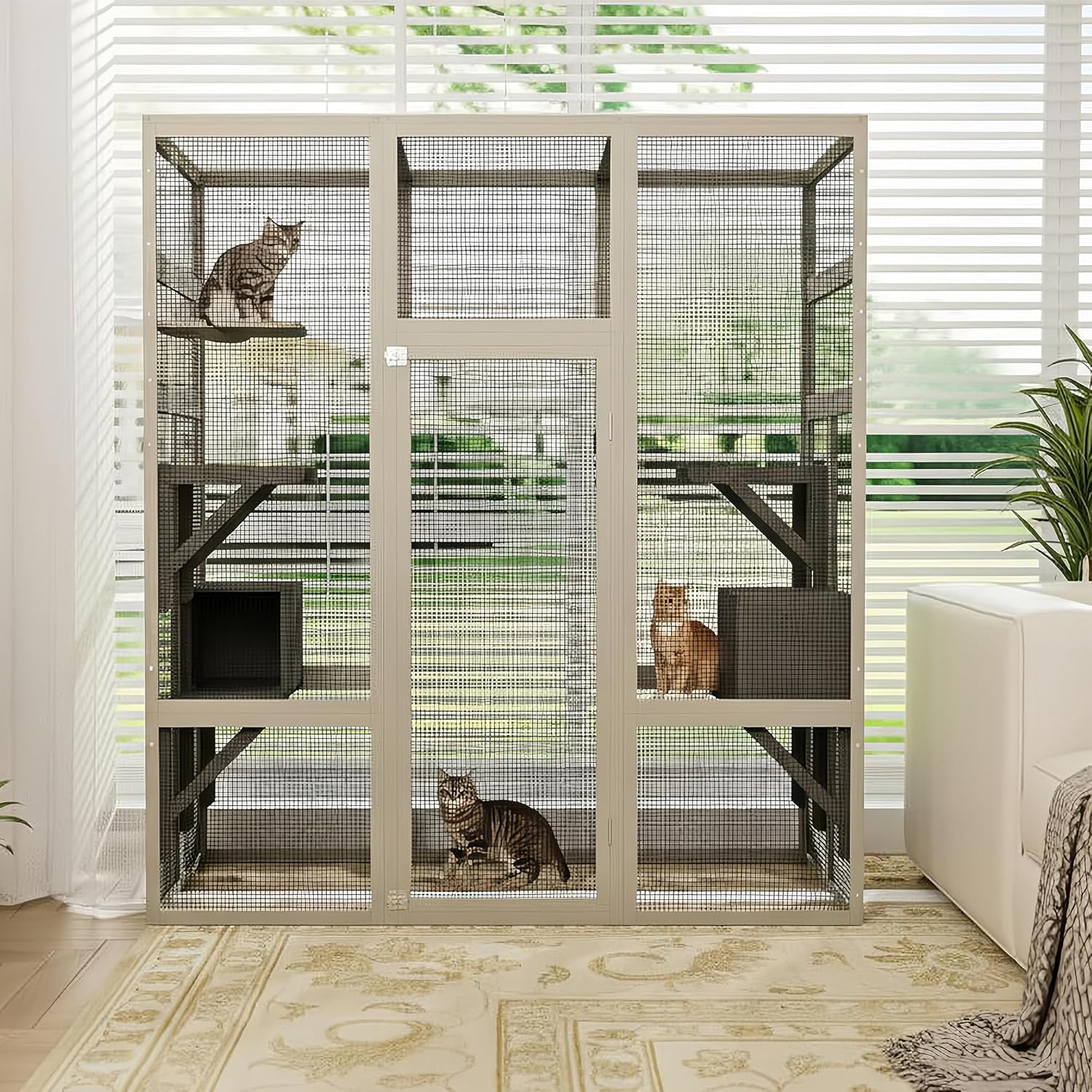 Garvee 70" Large Outdoor Catio Cat Enclosure, Wood Cat Patio with Waterproof UV-Resistant Roof, Cats Shelter with 5 Platforms and 2 Resting Box, and Secure Rust-Proof Wire for Backyard or Patio