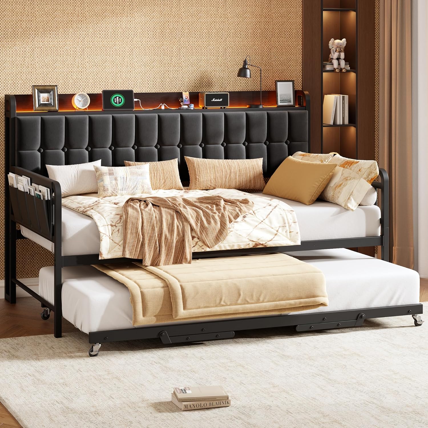 Garvee Daybed with Trundle, Metal Twin Bed Frame with Upholstered Storage Headboard, Charging Station & LED, Sofa Bed with, Side Pockets, Sturdy Supports for Living Room and Bedroom, Black
