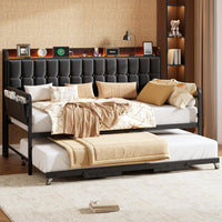 Garvee Daybed with Trundle, Metal Twin Bed Frame with Upholstered Storage Headboard, Charging Station & LED, Sofa Bed with, Side Pockets, Sturdy Supports for Living Room and Bedroom, Black