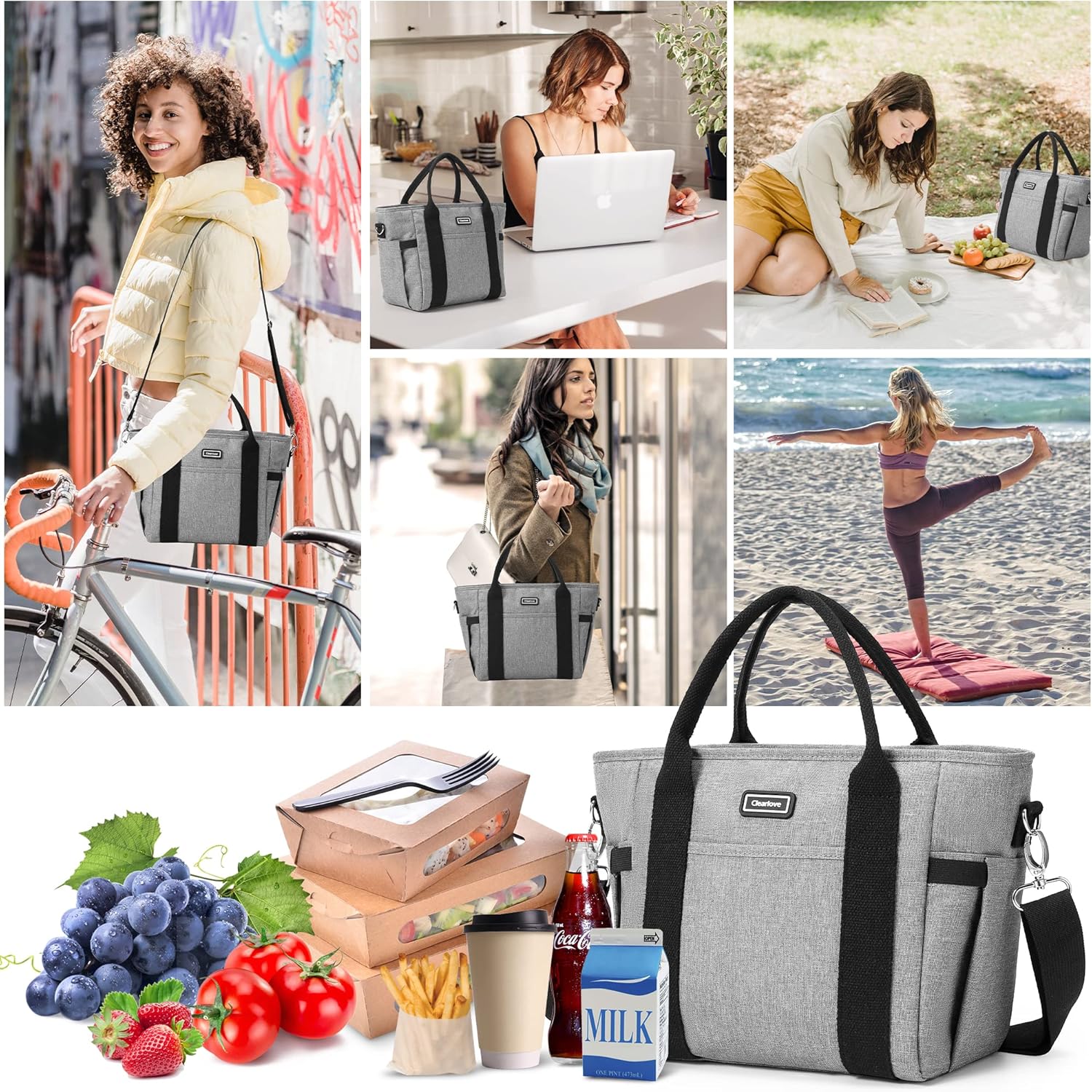 Garvee Lunch Bag for Women Men, Tote Adult Lunch Box with Adjustable Shoulder Strap & Side Pockets, Portable Lunch Tote Bag for Work Picnic School or Travel Gray-Normal Size