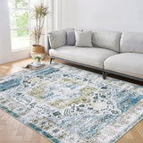 Garvee Large Rug for Living Room 8x10 Washable Rug Vintage Oriental Distressed Rug Ultra Thin Soft Rug Non Slip Non Shedding Accent Rug for Bedroom Dining Room, Blue Multi - Blue Multi