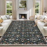 Garvee Floral 10x13 Black Area Rug Extra Large Rug Moroccan Trellis Machine Washable Rug for Living Room Stain Resistant Non-Slip Carpet Farmhouse Vintage Distressed Floral Floor Cover for Bedroom - Black