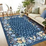 Garvee Blue 8x10 Area Rugs Floral Washable Non-Slip Low-Pile Carpet for Living Room Bedroom Dining Room - Blue