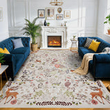 Garvee 10x13 Washable Area Rug with Peacock and Deer Pattern, Non-Slip Low Pile Stain Resistant Carpet for Living Room Bedroom Dining Room, Light Brown - Natural