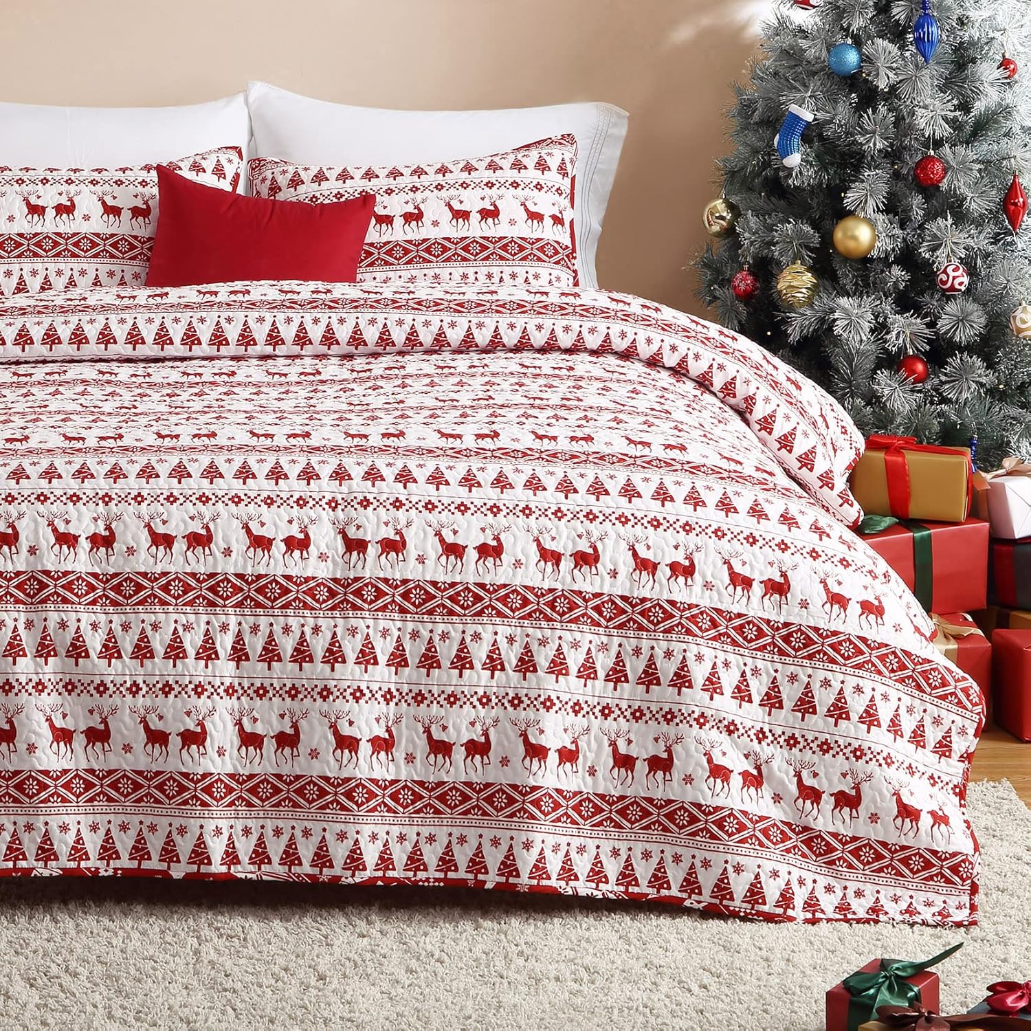 Garvee Christmas Quilt Set King Size - Boho Reversible Bedspread Coverlet Set with Christmas Tree Reindeer Snowflakes Printed Pattern, Soft Lightweight Bohemian Quilt Bedding Cover Set King
