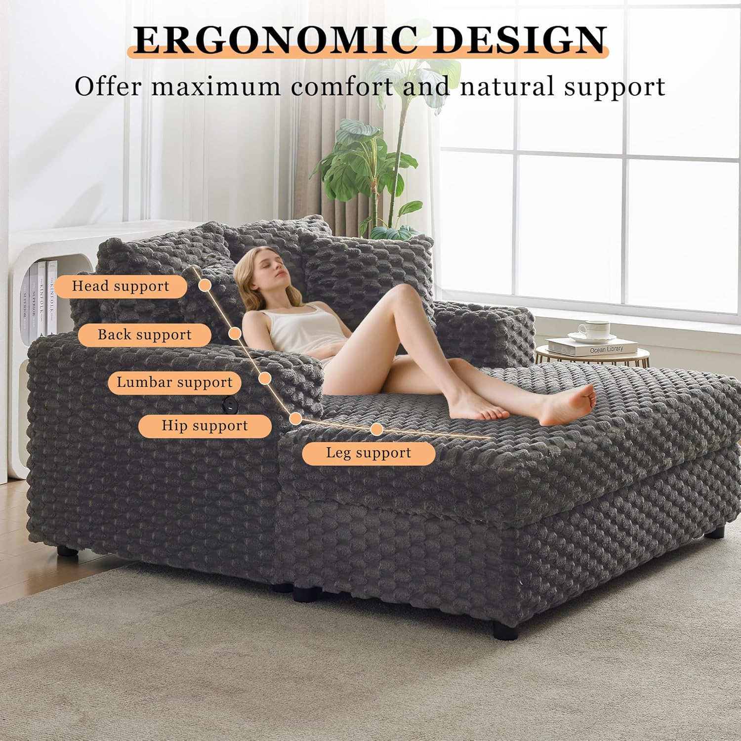 Garvee Oversized Chaise Lounge Chair Indoor, 60 Inch Upholstered Sofa Bed with Throw Pillows and Armrests, Comfy Scalloped Velvet Sleeper Couch for Living Room, Bedroom, Office, Gray