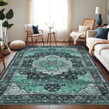 Garvee Persian Green 8x10 Area Rugs, Machine Washable Vintage Printed Soft Low Pile Rugs, Oriental Accent Carpet with Non-Slip Backing, Stain-Resistant Distressed Floor Carpet for Living Room, Hallway, Laundry - Green